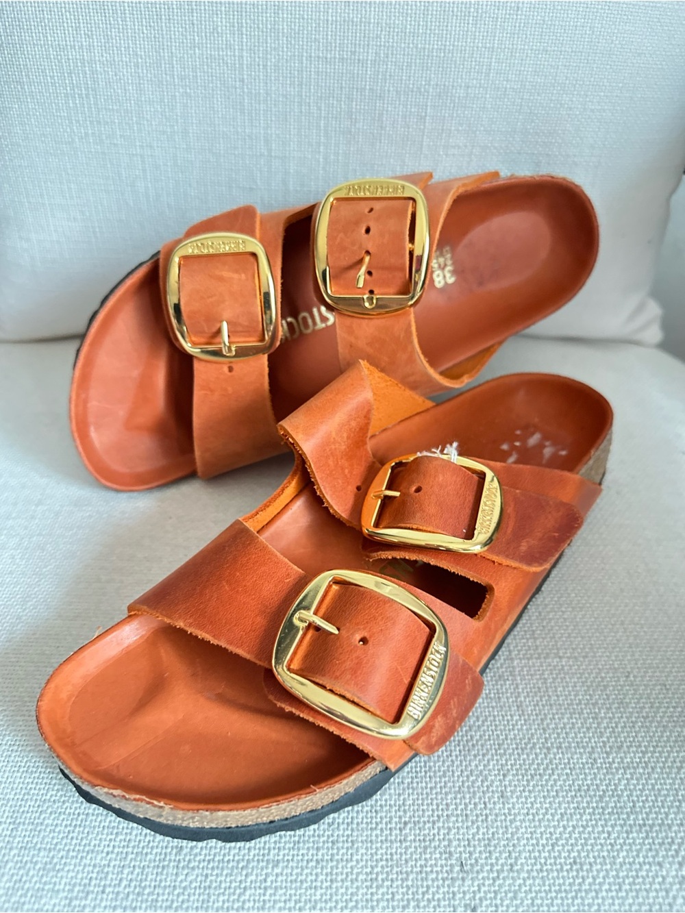Birkenstock Orange Leather Two-Buckle Sandals with Gold Buckles - Picture 4 of 5